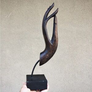 Wooden Hand Statue on Stand Ebony Wood Carving of Gyan Mudra Pose, Buddhist Art